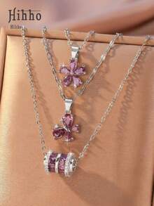 Hihho 3 件套时尚多功能闪亮紫色锆石镶嵌花朵、蝴蝶、腰吊坠项链套装，时尚魅力派对礼物，可单独佩戴或叠戴，优雅日常佩戴 - 紫色 - 查看 9