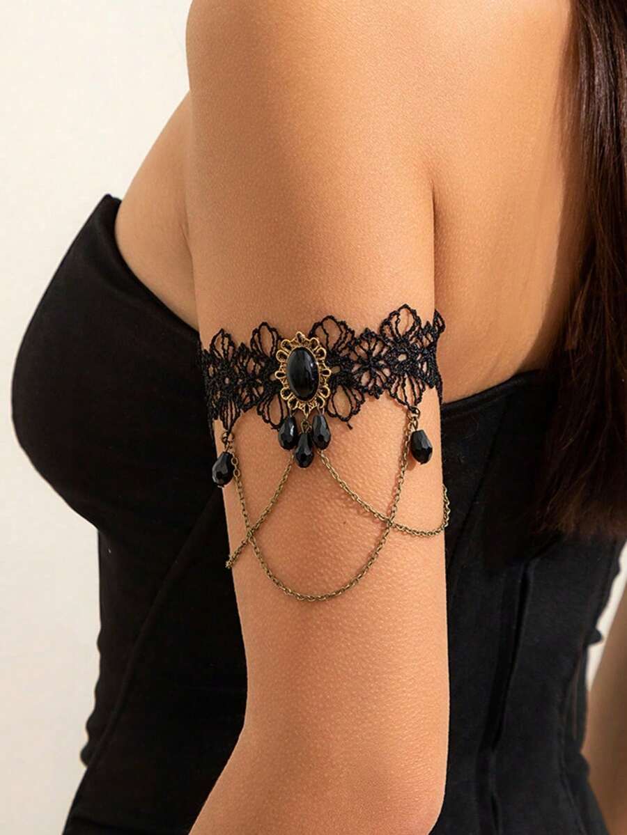 Vòng tay tua rua nhiều lớp mặt dây chuyền pha lê đen, kiểu dáng Gothic, có thể điều chỉnh kích cỡ, phù hợp với đồ bơi, váy đi biển, hộp đêm và các dịp khác, kiểu dáng thời trang, thích hợp làm quà tặng sinh nhật, Ngày Valentine, Ngày của Mẹ và các dịp khác. - Nhiều màu - Xem 1