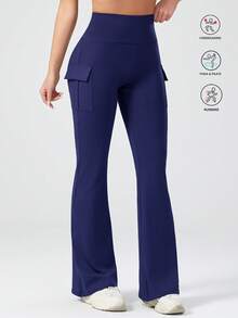 High Waist Slim Fit Flared Yoga Pants With Pockets, Casual Sports Trousers For Women Spring - Navy Blue - View 4