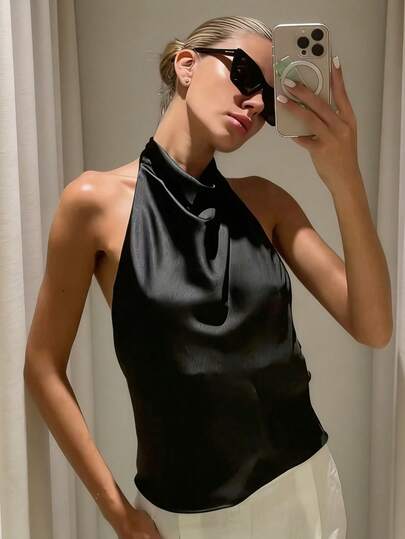 Débardeur en satin, style Y2K avec volants à l'ourlet, débardeur d'été sexy et mignon à dos nu, noir