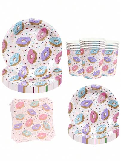 10pcs/20pcs/50pcs/80pcs Donut Themed Paper Plates Cups Napkins Set, 9inch& 7inch Round Paper Plates, Paper Cups, 6.5inch Paper Napkins, Pink White With Colorful Donut & Sprinkle Print Disposable Dinnerware Set For Kids Birthday, Donut Party, Baby-Shower Decorations
