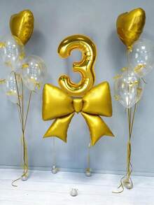 12pcs Birthday Decoration Set, Large Gold Bow Foil Balloons, 40-Inch Gold 0-9 Birthday Number Balloons, 18-Inch Gold Heart Balloons, Clear Latex Balloons (With Balloon Ribbons), Suitable For Birthday Party, Anniversary Decoration - Gold - View 3