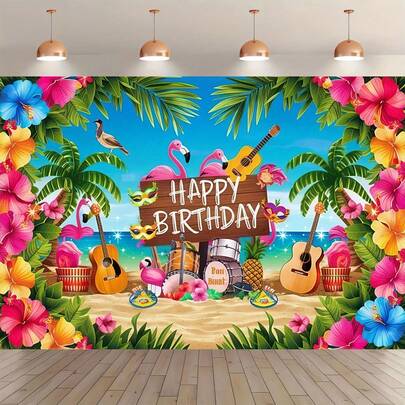 1 Tropical Hawaiian Happy Birthday Background Banner, Available In Three Sizes, Multifunctional Seasonal Wall Decoration, Suitable For Birthdays, Weddings, Parties, Room Decor, Vibrant Photo Backdrops, Various Holiday Celebrations, Perfect Gift, A Must-Have For Event Planning