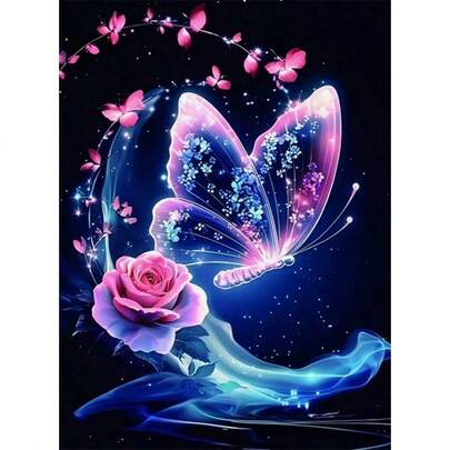 Bộ tranh đính kim cương 5D tự làm mới - Bướm & Hoa hồng, Tranh khảm kim cương nhân tạo hình tròn không khung, Trang trí nhà cửa thủ công sáng tạo, Quà tặng Phục sinh & Giáng sinh