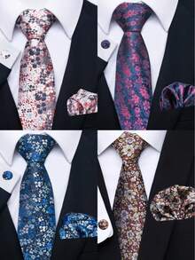 1 Set de corbata, pañuelo de bolsillo y gemelos de 3 piezas con estampado floral para hombres, adecuado para accesorios formales de novio en bodas y atuendo de negocios - colores mezclados - Ver 1
