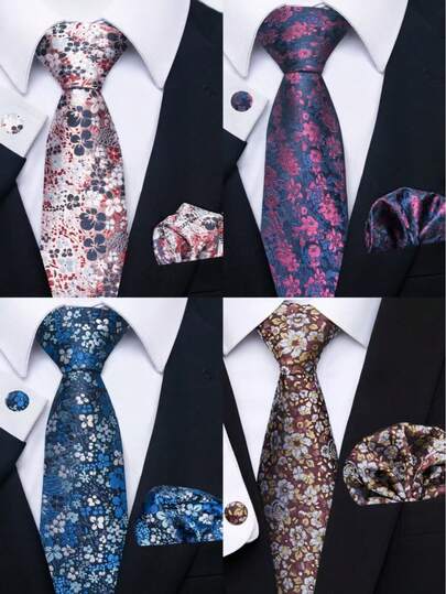 男士花卉领带套装，包含领带、口袋巾、袖扣三件套，适合正式婚礼新郎配饰、商务着装。