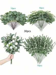 3/30/60/120 pièces Feuilles et tiges d'eucalyptus artificielles mélangées, pièces de monnaie argentées artificielles en vrac, feuilles d'eucalyptus pour compositions florales, bouquets de fleurs artificielles, vases de mariage, décoration florale, décoration d'intérieur, décoration de mariage, décoration de chambre - Vert - Voir 15
