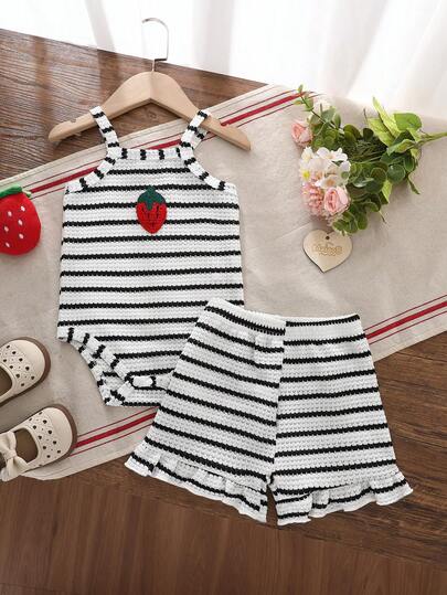 2pcs/Set Toddler Girls' Casual Strawberry Pattern Soft & Comfortable Knit Romper & Shorts Set, Suitable For Outdoor Wear, Spring/Summer