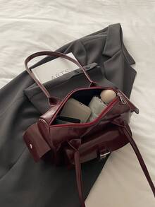 Minimalist Solid Color Shoulder Flap Bag, Classic Textured Crossbody Bag Purse For Women - Red - View 4