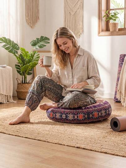 1 chiếc đệm tròn dày dặn, thoải mái, chống trượt, mềm mại kiểu Bohemian, thích hợp làm thảm thiền, đệm ngồi, đệm lưng, đệm ghế ô tô, sử dụng được quanh năm.