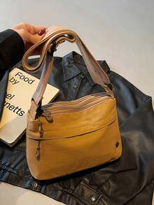 Korean Fashion Women's Multi-Layer Commuter Shoulder Bag, New Personalized Lightweight Crossbody Bag, Stylish Minimalist Square Bag - Khaki - View 1