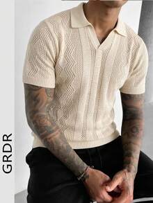 GRDR 男士镂空针织 Polo 衫，美式复古 V 领短袖，透气网眼夏季上衣 - 杏色 - 查看 2