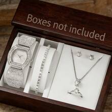 6件套奢华全镶钻首饰套装，包括手表、手链、项链、耳环和戒指，精致百搭，轻松提升气质与优雅。 - 銀色 - 查看 7