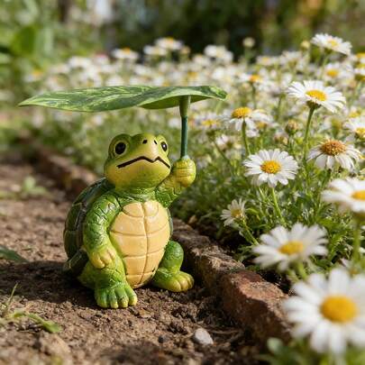 Tượng rùa cầm lá dễ thương, vật trang trí sân vườn và bàn làm việc độc đáo, tượng động vật bằng nhựa cho hiên nhà và sân vườn.