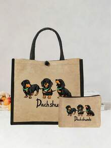 Yellow Linen Dachshund Pattern Tote Bag - Multifunctional Large Capacity Handbag And Wallet Set, Including Small Wallet - Multicolor - View 7