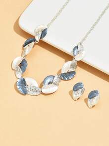 1 Necklace + 1 Pair Earrings Fashion Luxury Creative Metal Leaf Women Jewelry Set, Suitable For Daily Casual, Party, Music Festival, Beach Holiday Wear - Blue and Silver - View 4
