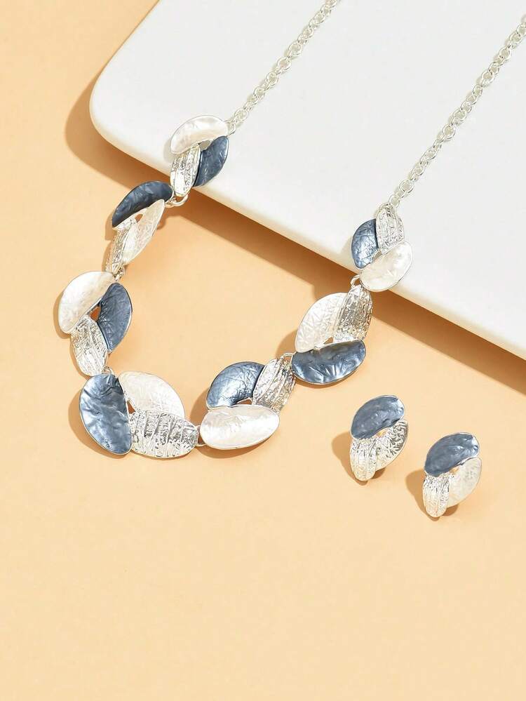 Bộ trang sức nữ cao cấp sang trọng hình lá kim loại, gồm 1 dây chuyền và 1 đôi bông tai, phù hợp cho trang phục thường ngày, dự tiệc, lễ hội âm nhạc, đi biển. - Xanh lam và bạc - Xem 4