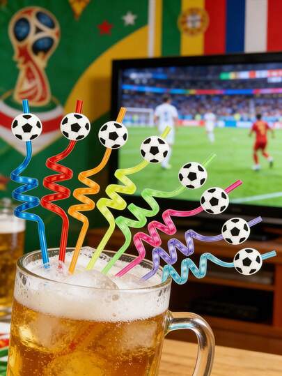 3/5/8pcs Soccer Themed Reusable Spiral Plastic Drinking Straws, Durable Party Favors For Football Birthday, Sports Events, Family Gatherings, Decorative Straws For Cocktail Bar, Beach, Wedding, Kitchen Utensils,Soccer Match Viewing Party Supplies,Football Party Decorations,1pc