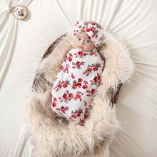 Receiving Blanket Headband Set Flower Print Baby Swaddle Blankets - Red - View 2