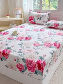 3pcs Printed Bedding Set (1 Fitted Sheet + 2 Pillowcases), Skin-Friendly Fabric Fitted Sheet Set Including Pillowcases, Without Filler, Home Bedding Set, Machine Washable - Flowers Bloom In Wealth and Prosperity - View 3
