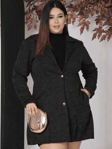 Women's Plus Size Curve Long Ribbed Knit Jacket With Pockets - Elegant Blazer - Autumn Fashion - 黑色 - 查看 1