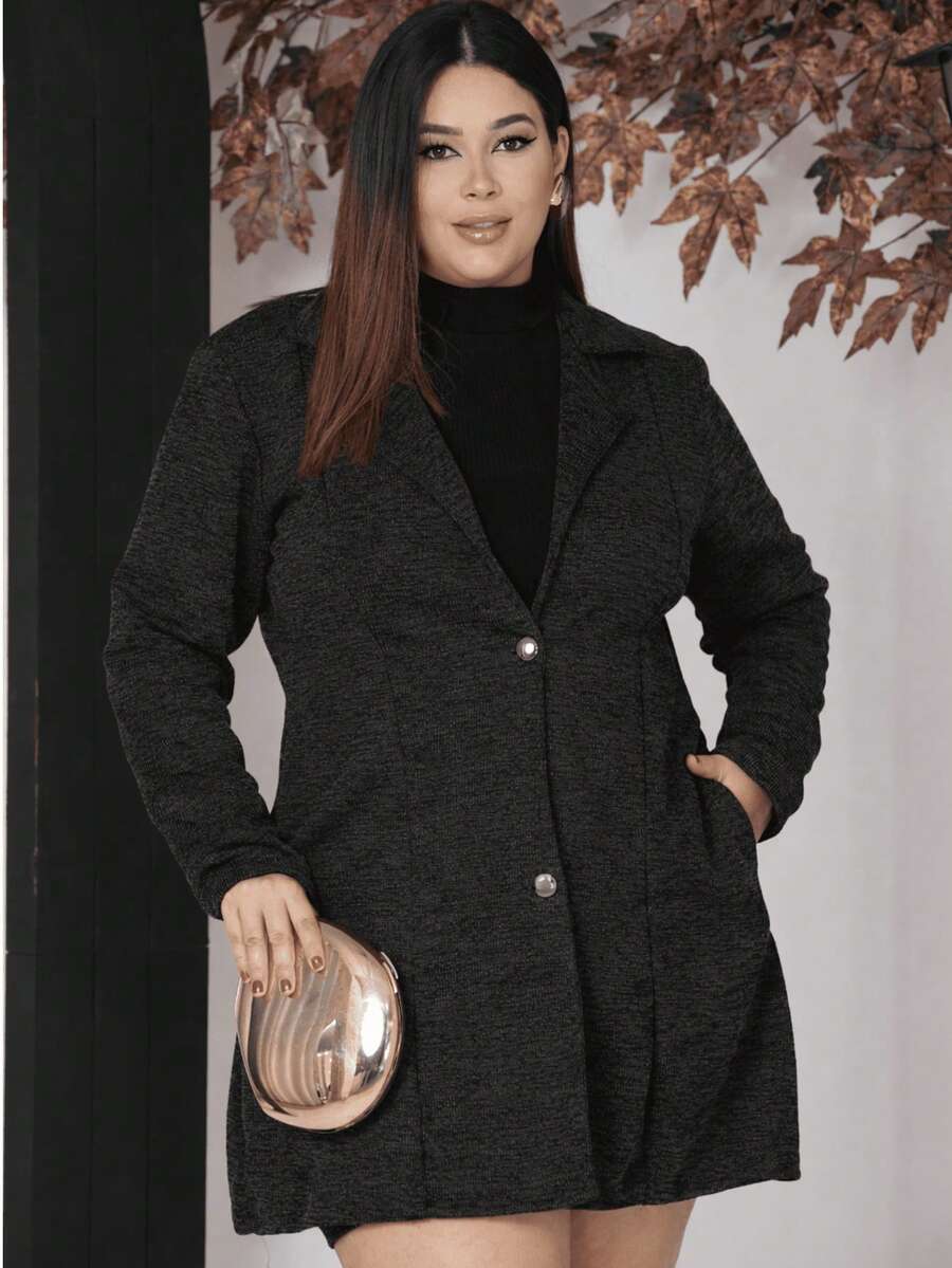 Women's Plus Size Curve Long Ribbed Knit Jacket With Pockets - Elegant Blazer - Autumn Fashion - 黑色 - 查看 1