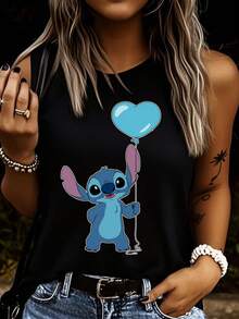 Disney 1件女士拼接印花吊带背心，时尚女士背心，圆领弹力面料，适合日常穿着，易护理面料，休闲女士背心 - 黑色 - 查看 3