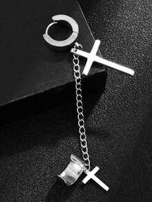 1pc No Piercing Four-Pointed Star Ear Clip Earrings, Unisex Unique Design Ear Cuff Ear Chain, Hip Hop Black Ear Hanging Jewelry - Cross - View 9