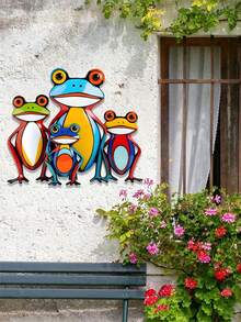 1 pièce Décoration murale en métal de famille de grenouilles 2D colorée - Style bohème imaginatif, décoration de grenouille vintage, convient pour la chambre d'enfant, le salon, le balcon, la boutique de fleurs, le zoo et le jardin, la décoration de la maison, la décoration du jardin, la décoration murale, cadeau idéal pour les amateurs de grenouilles et les familles - Famille de grenouilles colorées - Voir 2
