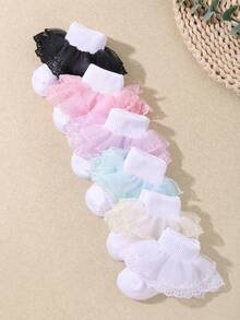 6双装双层蕾丝网纱公主风婴儿袜，女童洛丽塔荷叶边袜，透气设计，超级柔软有弹性，适合0-36个月宝宝，日常穿着及婚礼季皆宜，婴儿袜，女童袜，公主袜，蕾丝袜，荷叶边袜，春夏返校必备 - 彩色 - 查看 3