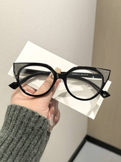1 副女士猫眼眼镜框，时尚闪亮装饰，轻盈贴合，波西米亚风格，适合日常搭配，附赠眼镜盒