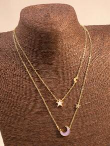 Dây chuyền hai lớp tối giản, mặt dây chuyền hình ngôi sao và mặt trăng màu tím, trang sức thời trang. - Màu tím hoa cà - Xem 3