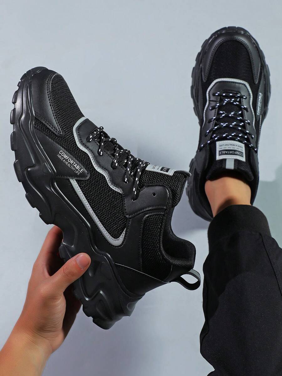 Men's Chunky Black Sneakers Modern Streetwear Design Mesh And Synthetic Leather Casual Shoes For Urban Lifestyle Comfortable All-Day Wear Great Gift Choice - 黑色 - 查看 1