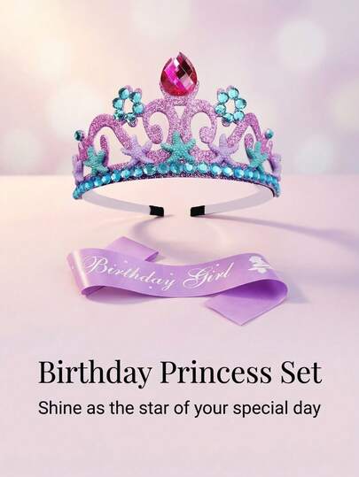 Bộ gồm 1 vương miện cài tóc và ruy băng satin "Chúc mừng sinh nhật", vương miện đính đá lấp lánh màu hồng tím ombre với họa tiết sao biển, ruy băng satin màu tím nhạt mềm mại, thích hợp cho tiệc sinh nhật, lễ kỷ niệm sinh nhật và chụp ảnh kỷ niệm.