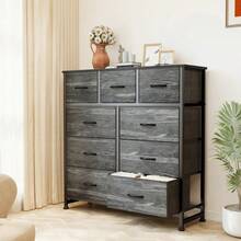 Cómoda Sweetcrispy de 9 cajones, torre de almacenamiento de tela para dormitorio, pasillo, entrada, armario, unidad organizadora alta con contenedores de tela, estructura de acero, superficie de madera, asa de fácil extracción. - Veta de madera negra - Ver 2