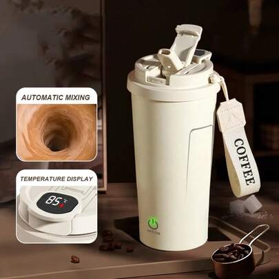 FollowBreak 1个USB充电式自动蛋白粉摇摇杯，带液晶显示屏、温度显示功能和可拆卸底座，是健身和居家锻炼的必备品