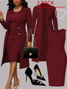Plus Size Women's New Elegant 2-Piece Set, Solid Color Minimalist Versatile Long Cardigan Jacket + Sleeveless Bodycon Midi Dress, Suitable For Commuting, Spring/Autumn/Winter - Burgundy - View 3