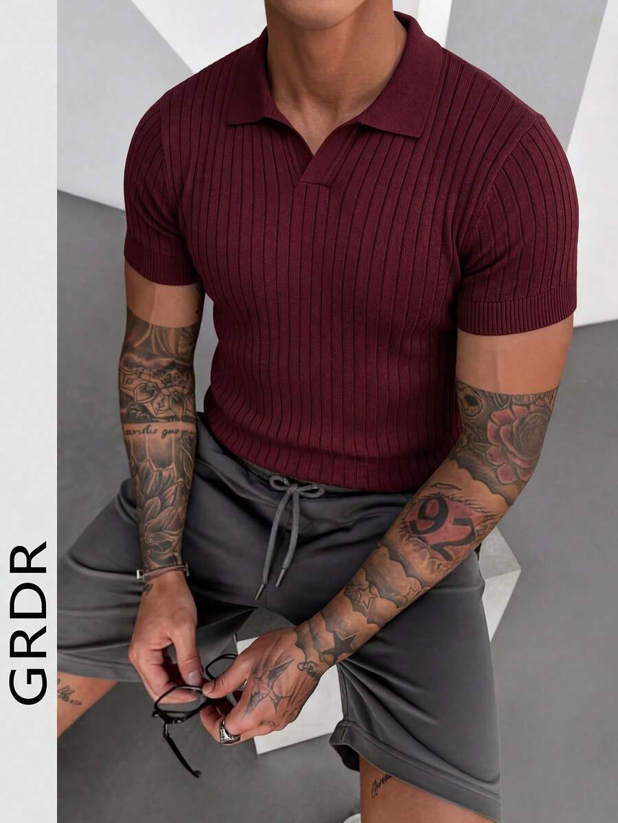 Camisa polo de verano con costillas para hombres GRDR de manga corta - Burdeos - Ver 1