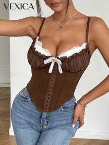 Áo hai dây ren lưới xuyên thấu màu nâu gợi cảm kiểu Y2K dành cho nữ của Vexica, thích hợp cho những buổi đi chơi mùa hè và mặc hàng ngày. - màu nâu - Xem 5