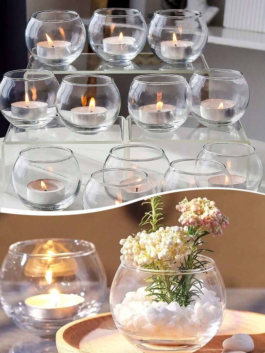 6个透明许愿蜡烛台，半圆柱形桌面装饰杯，用于餐桌摆饰，圆形玻璃茶蜡烛台，散装，适用于婚礼和家居装饰 - 多色 - 查看 1