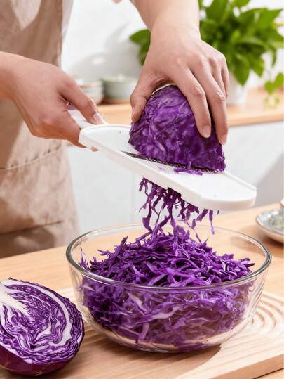 2/1 pieza Rebanador de verduras con cepillo de limpieza, rebanador de verduras multifuncional, marco de plástico duradero y cuchillas afiladas, rebanado eficiente de col fina, perfecto para cocinar en casa y preparar ensaladas, apto para col, col morada, col redonda, picadora de ensaladas. Cocina, fiesta, exterior