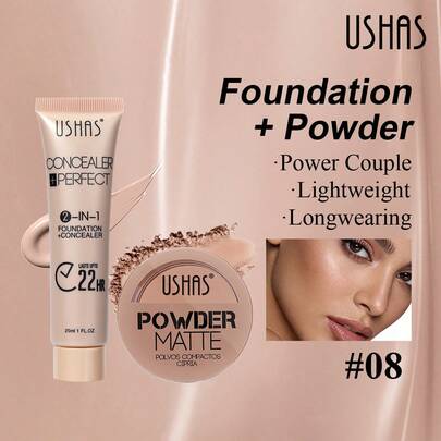  Bộ phấn nền và phấn phủ 2 trong 1 USHAS, phấn nền dạng lì, che phủ khuyết điểm da, làm đều màu da, trang điểm lâu trôi, không thấm nước.