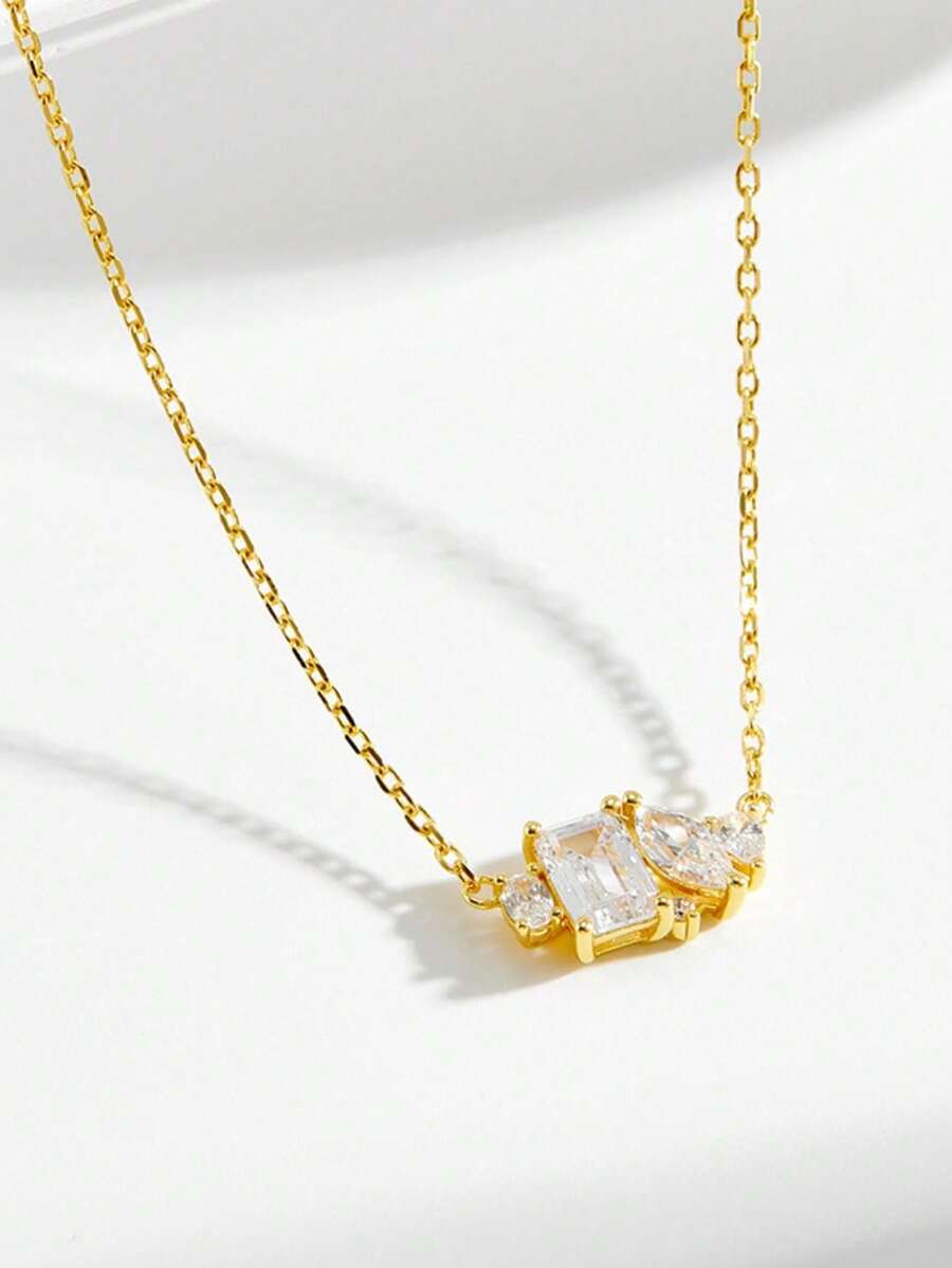 1件不对称锆石镶嵌纯银项链，时尚精致，适合女性日常佩戴。 - 金黃色 - 查看 1