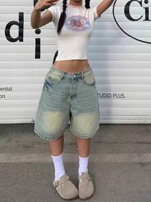 Women's Loose Fashion Straight Mid-Calf Shorts Casual Summer - Màu xanh lam - Xem 3