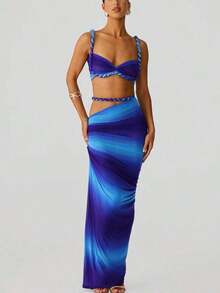 Conjunto de camiseta sin espalda sexy y falda larga plisada para mujer, atuendo de vacaciones de verano - Azul - Ver 4