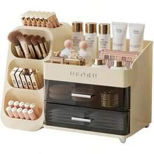 UFORU Large Capacity Makeup Storage Box, Multi-Functional Makeup Brush Lipstick Eyebrow PencilPocket Mirror Storage Box, Desktop MakeupOrganizer Home & Travel, Makeup Box,Cosmetics Organizer Storage Pink - White - View 2