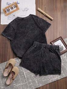LQTY 100% Cotton Summer Women's Solid Color Street Fashion, Korean Version Comfortable Retro Basic Commuter Versatile Y2K Women's Wear, Suitable For Outdoor Leisure, Regular Niche Punk Style Black Slim Fit Crew Neck Short Sleeve Washed T-Shirt And Shorts 2-Piece Set - 黑色 - 查看 3