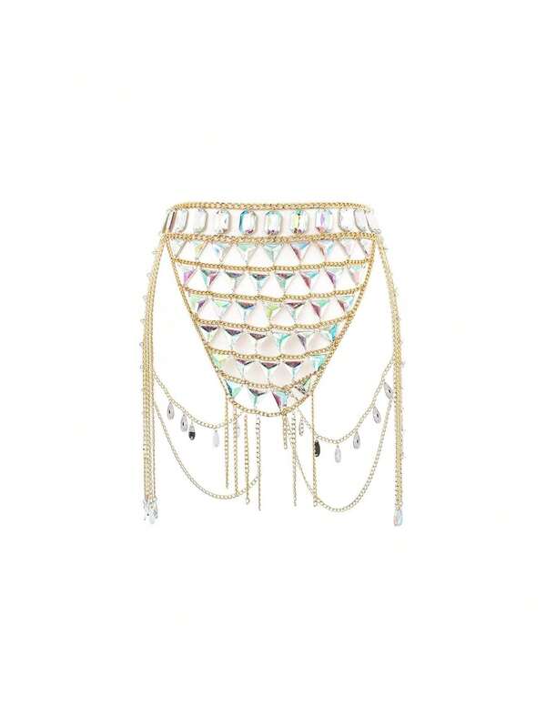 Foyte Cadenas de cuerpo bohemias con diamantes de imitación, brasier sexy y brillante, cadena de cintura de cristal, cadena de bikini para el vientre, falda de baile, club nocturno, playa, accesorios de joyería para mujeres y niñas (falda),44319428