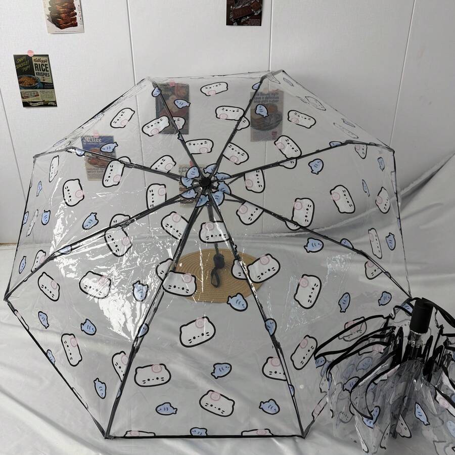 1pc Automatic Folding Transparent Umbrella With Cute Pig & Cat Pattern, Made Of PVC Material, Compact & Convenient, Windproof & Rainproof, Suitable For 2 People, Great Birthday Gift,Outdoor,Garden,Travel Essentials,Portable Essentials - Pink Pig Cat - POE - View 1