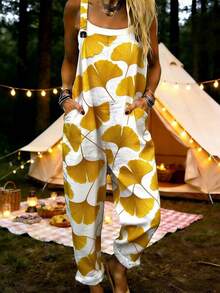 Ginkgo Leaf All-Over Print Women's Adjustable Strap Jumpsuit, Polyester Fiber Fabric, Lightweight And Breathable, Women's Clothing, Standard Size Jumpsuit, Plus Size Women's Clothing, Plus Size Jumpsuit And Romper, Plus Size Jumpsuit - 彩色 - 查看 1